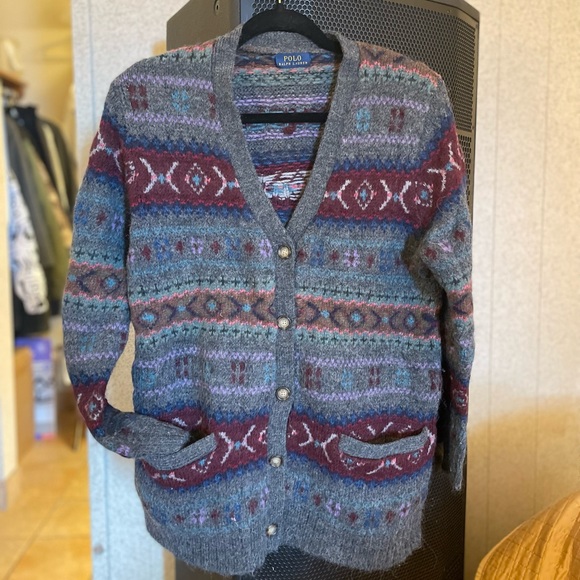 Vintage striped grandpa wool cardigan sweater by Polo Ralph Lauren - Picture 1 of 8